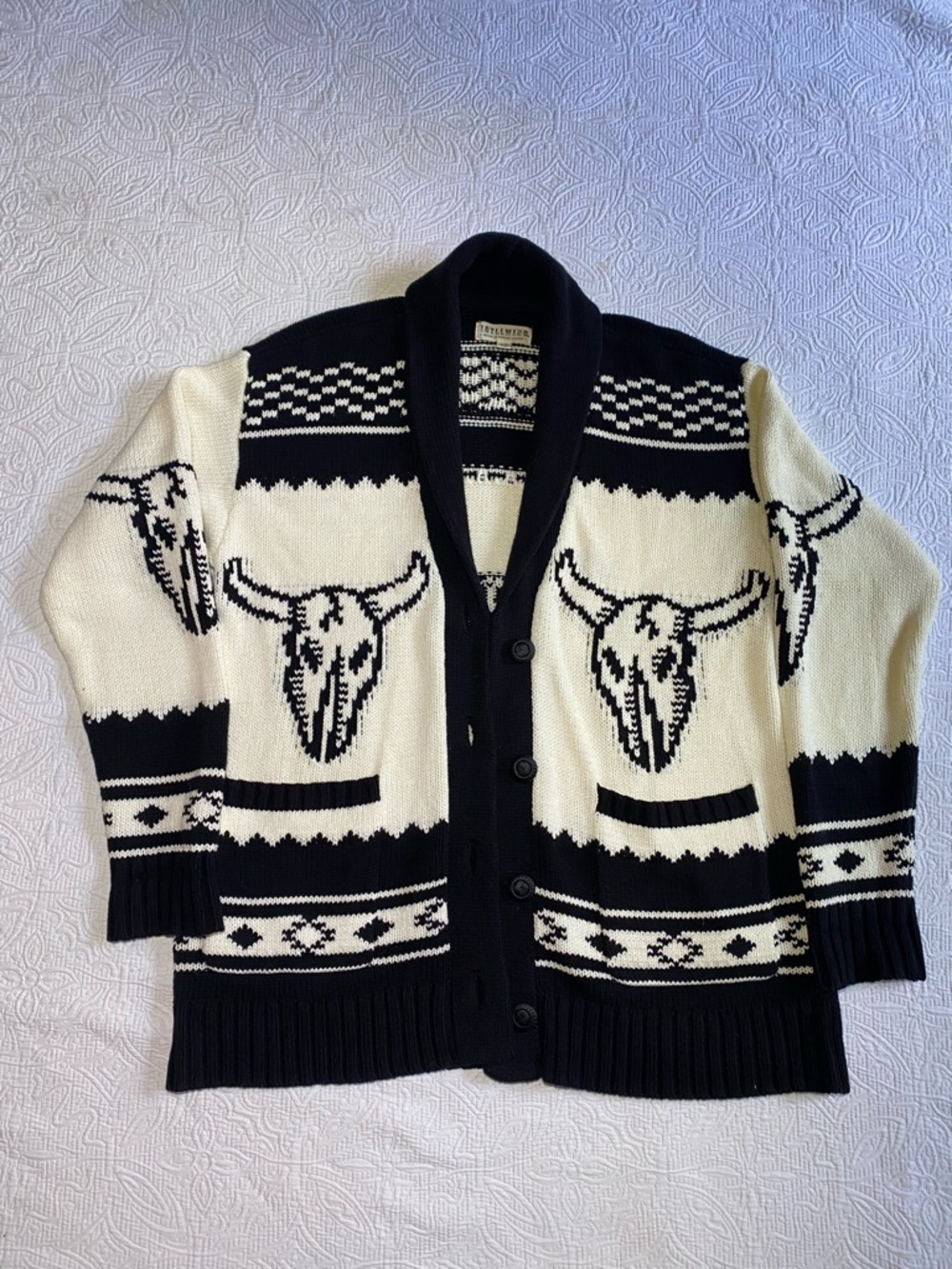 Eddie Bauer Black and Cream Bull Skull Shawl Collar Cardigan